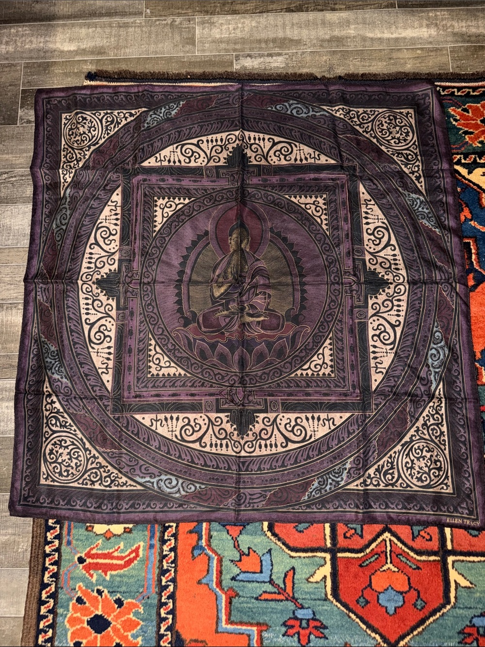 Linda Allard Ellen Tracy Vintage 100% Silk Buddha Mandala Scarf Plum Bronze 34"